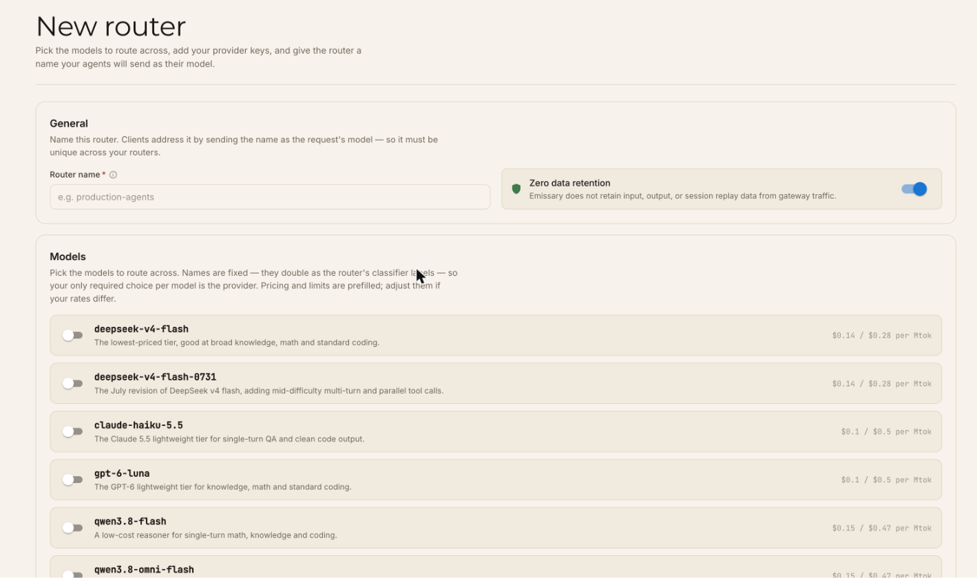 New router form: router name, zero data retention toggle, and model list