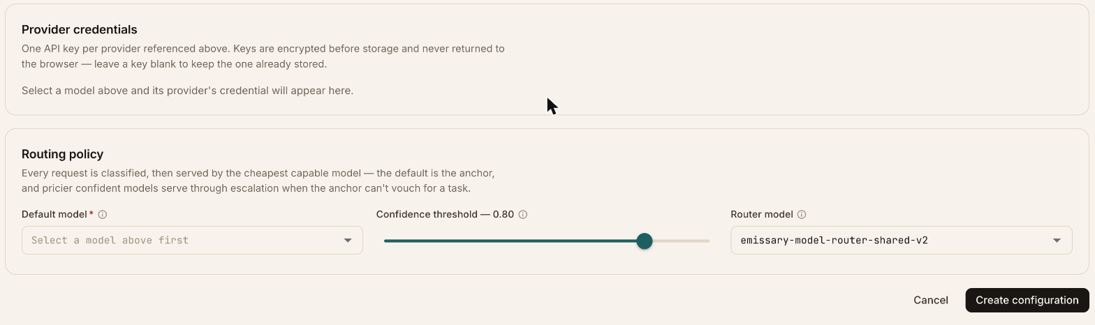 New router form: provider credentials, default model, confidence threshold, and router model