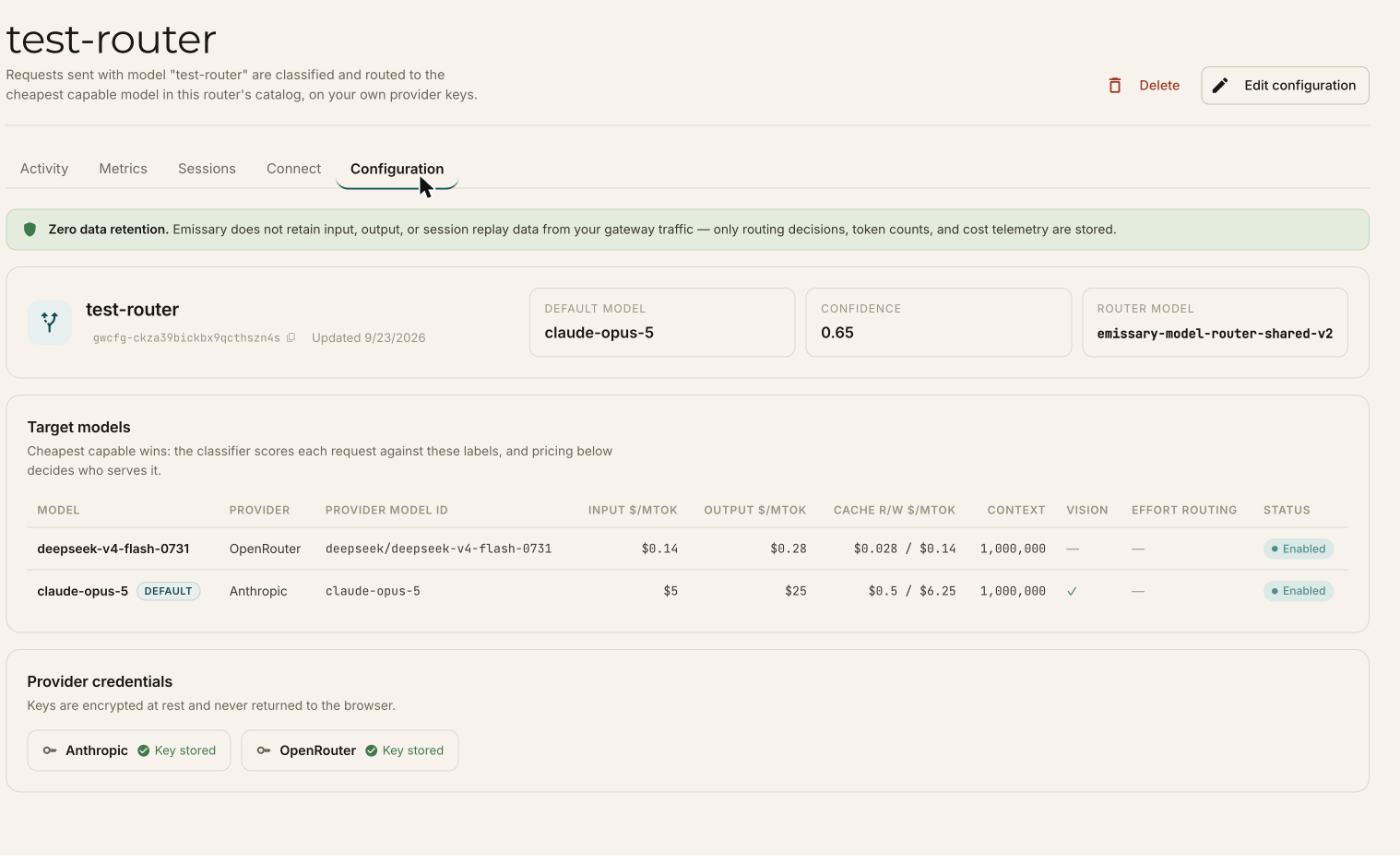 Router configuration tab showing default model, confidence, target models with pricing, and stored provider credentials