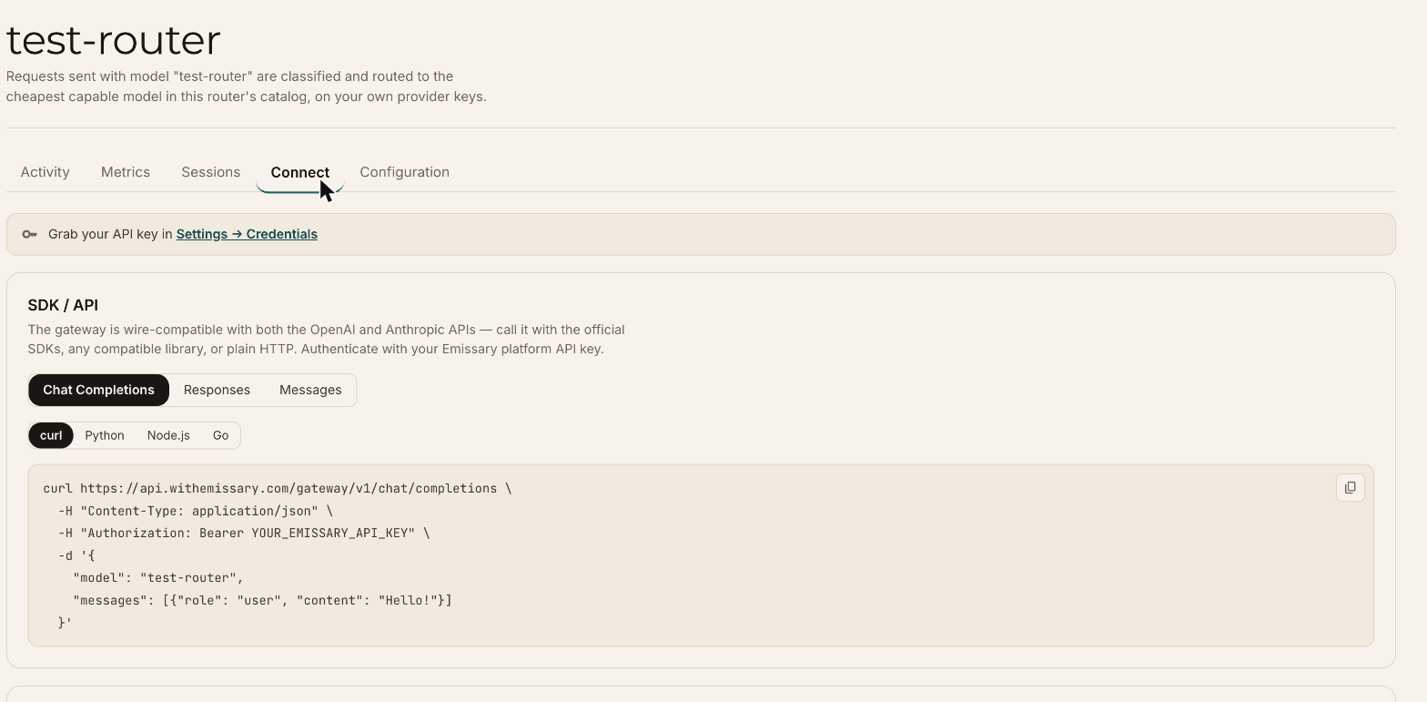 Router Connect tab with SDK and API examples